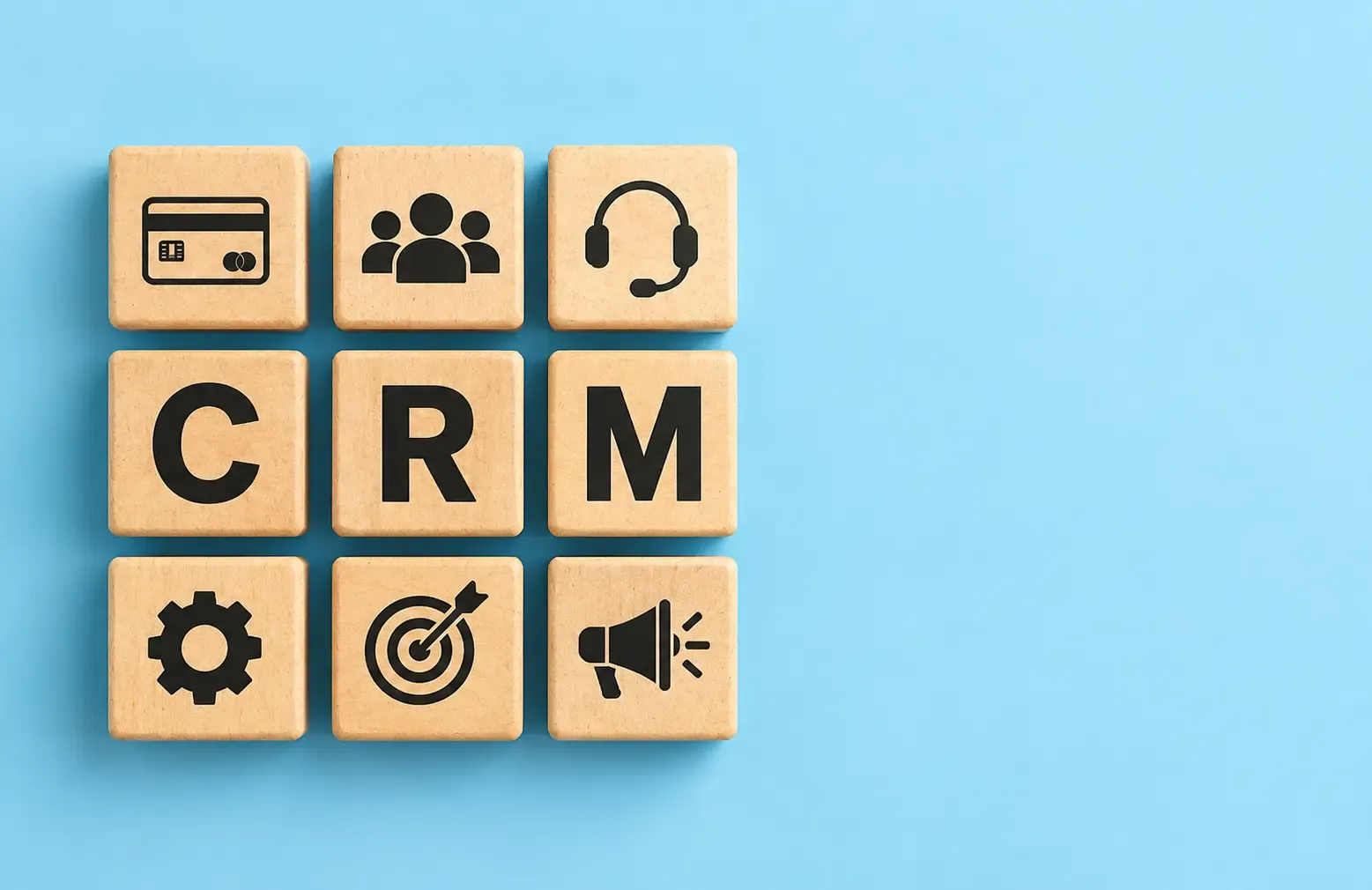 Wooden tiles spelling CRM alongside icons representing payments, customer support, contacts, automation, sales targets, and marketing on a blue background.