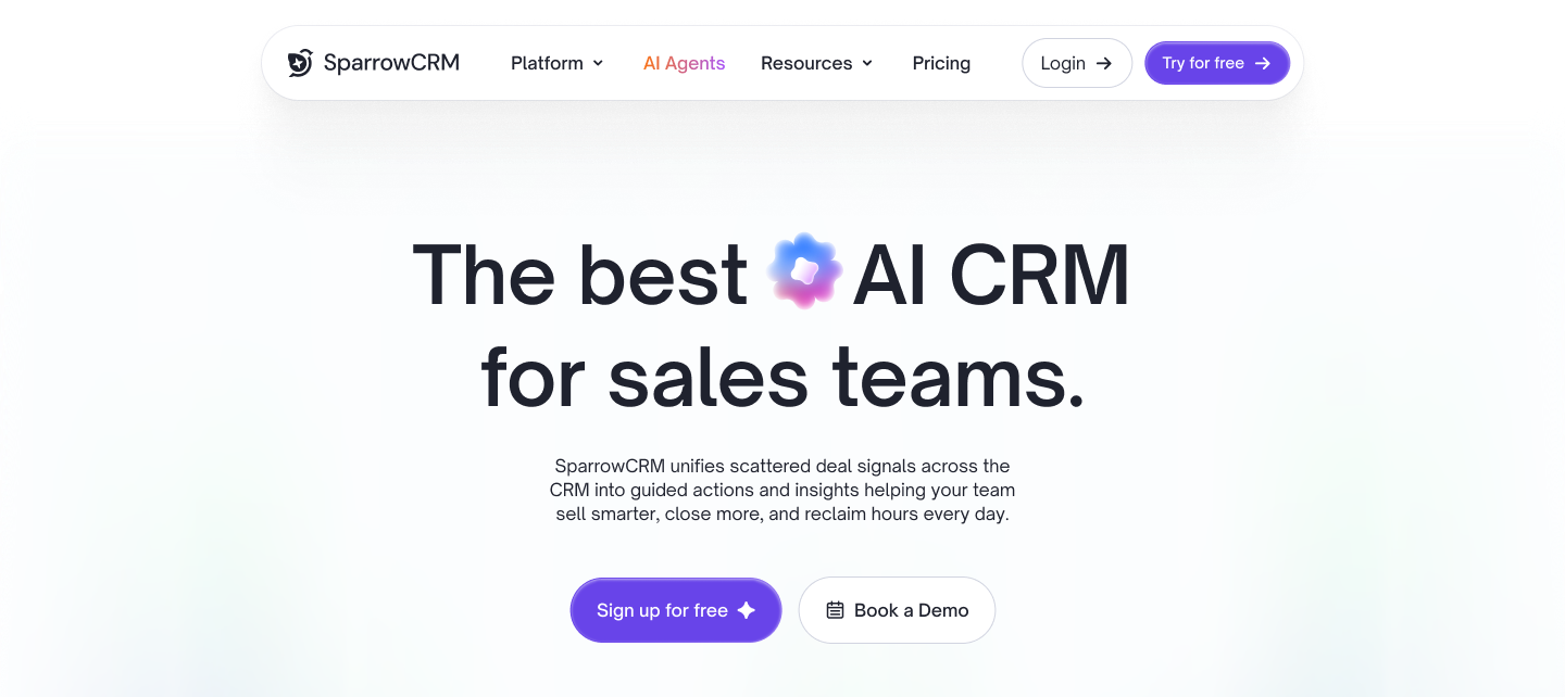 SparrowCRM's landing page