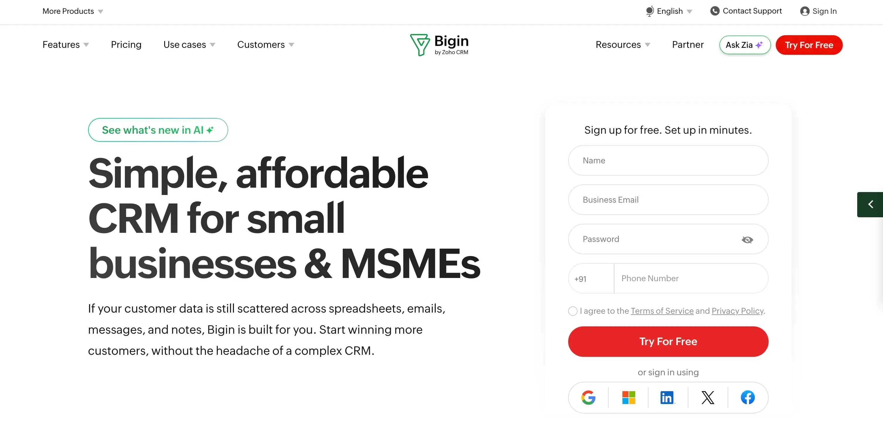 Zoho Bigin landing page