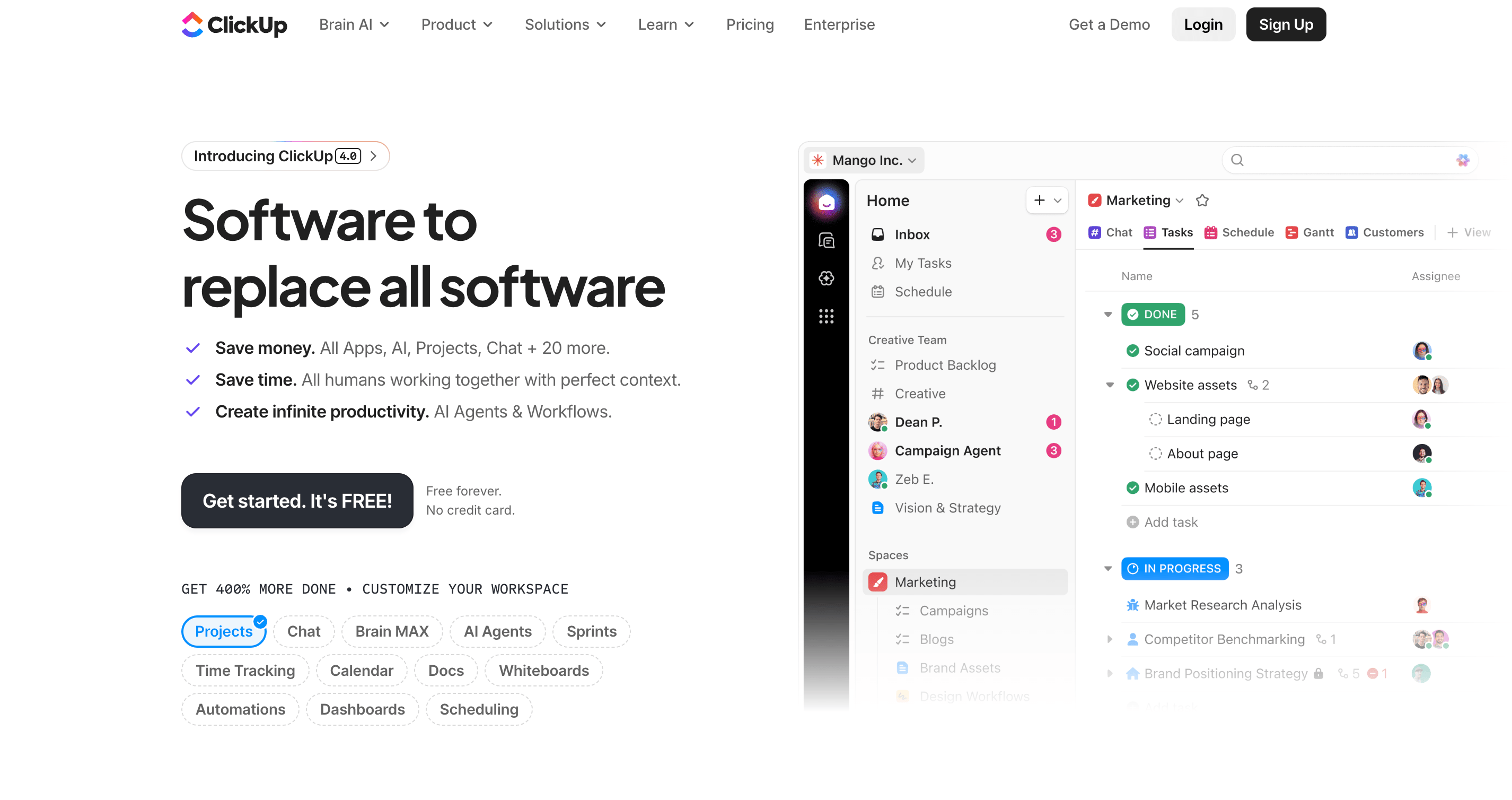 Clickup's website landing page