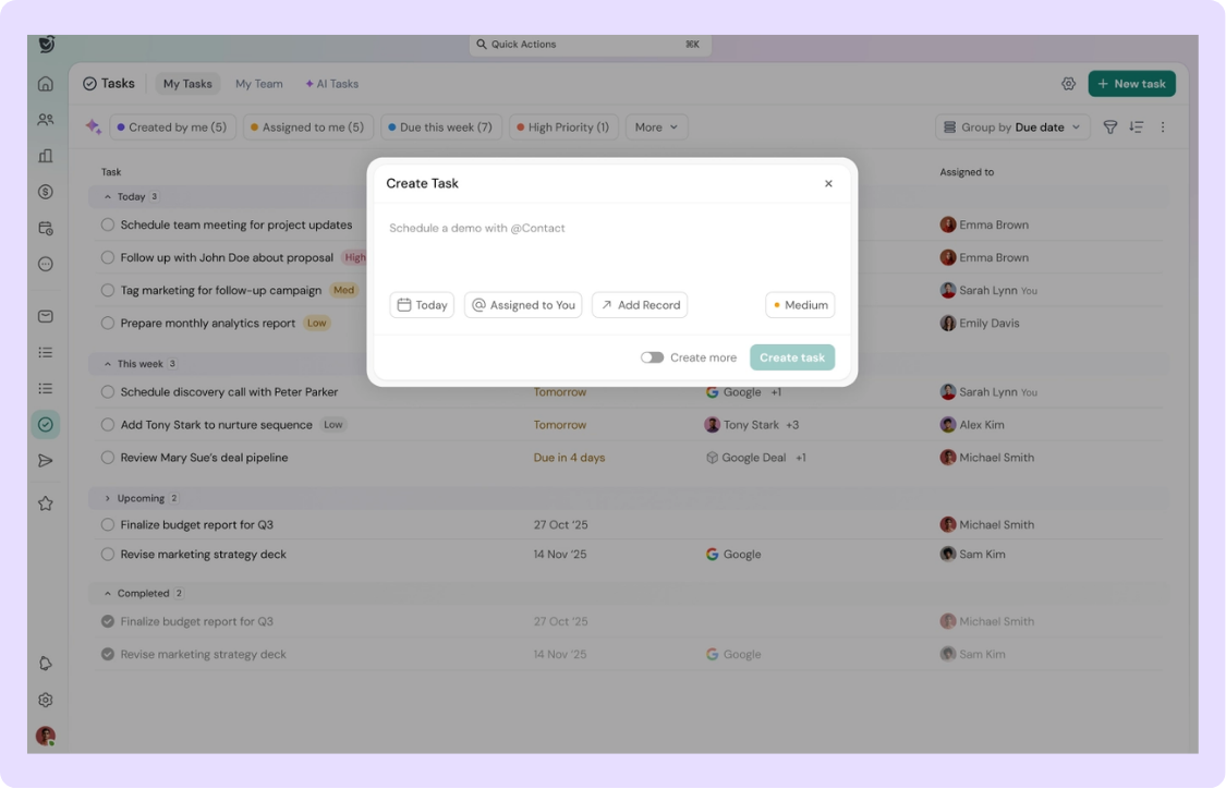 Sparrowcrm's task creation for sales reps