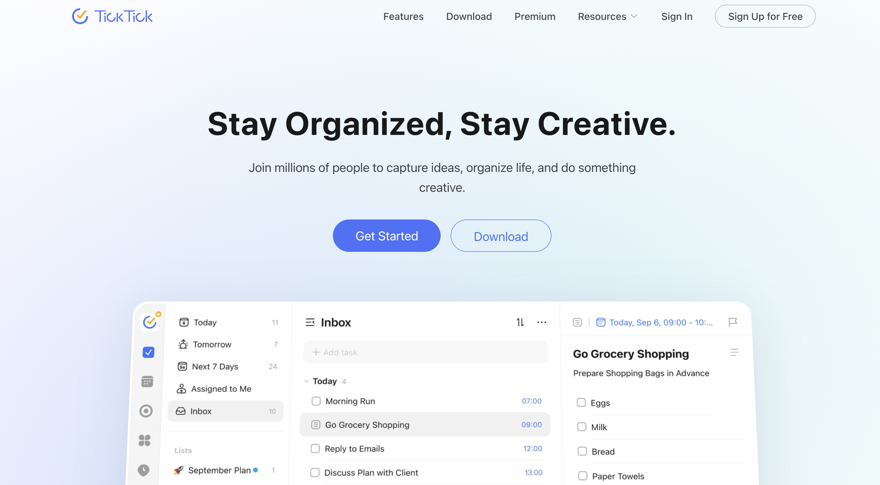 ticktick's landing page