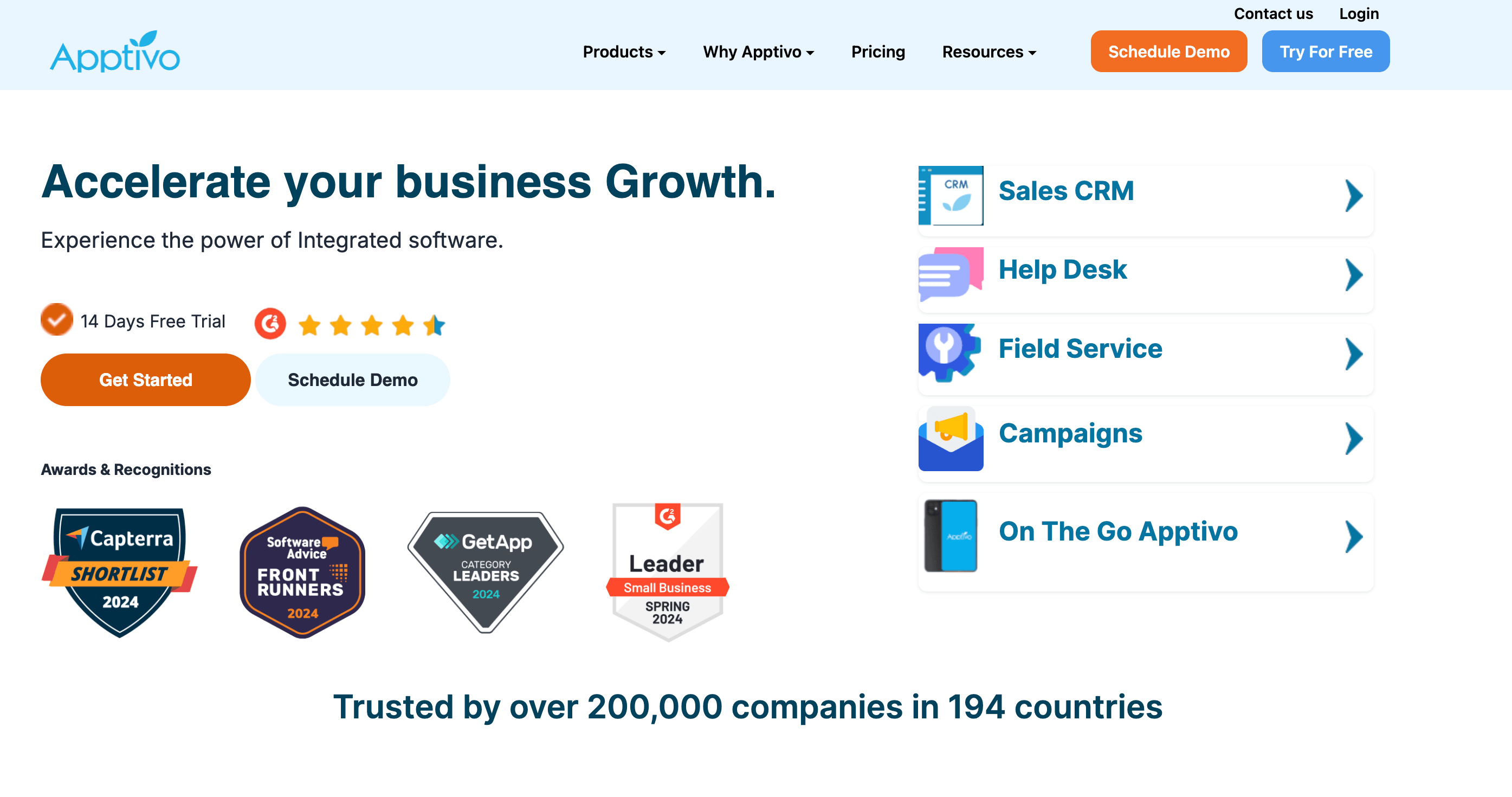 Apptivo's landing page