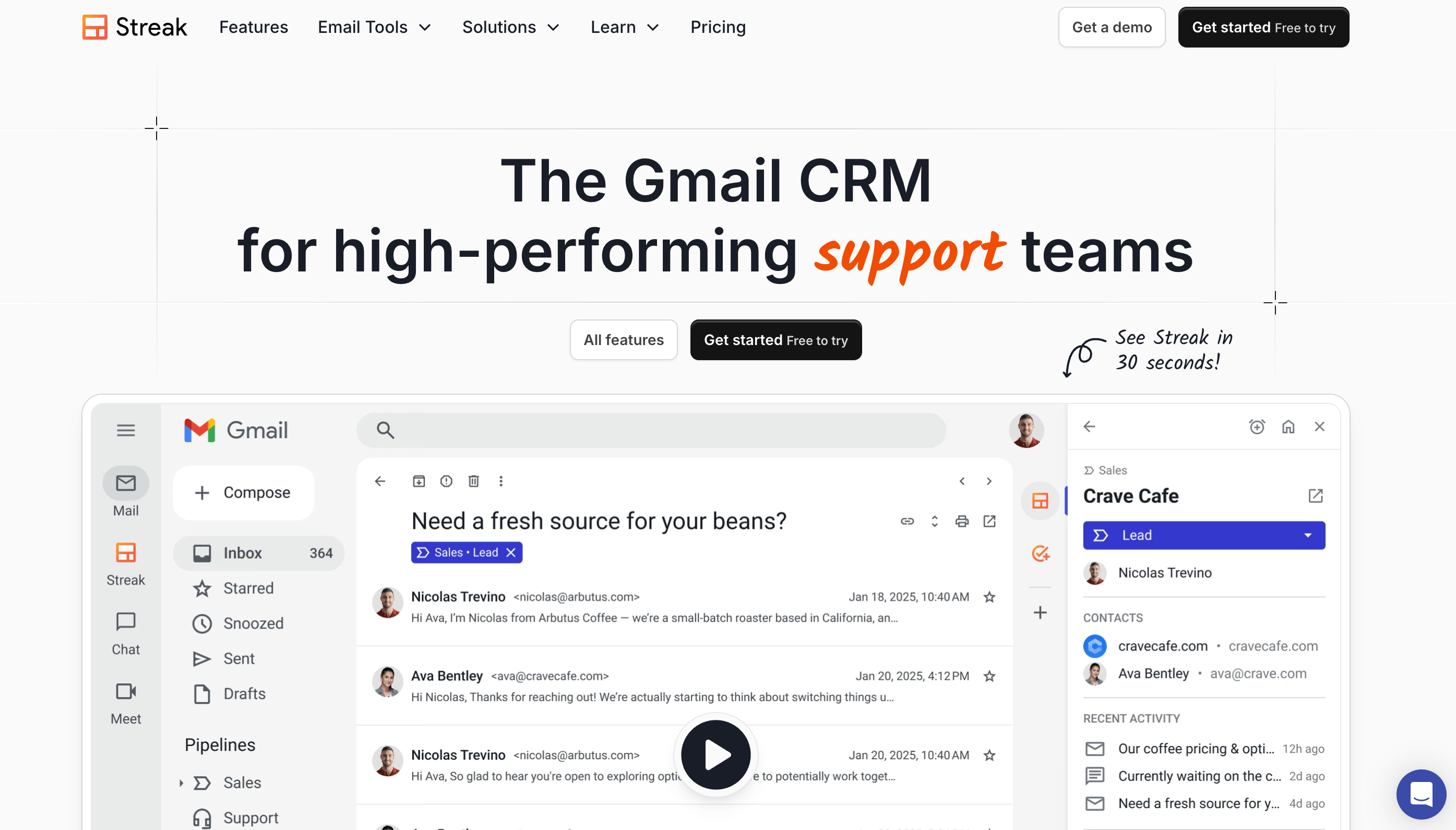 Streak's landing page