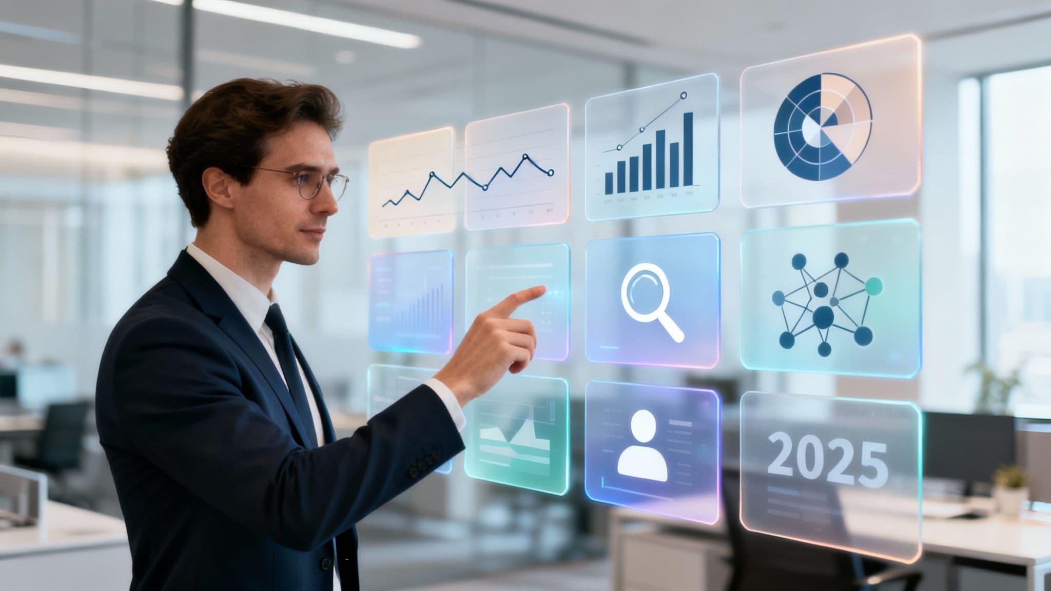 Formal dressed corporate man using ai dashboard for sales performance