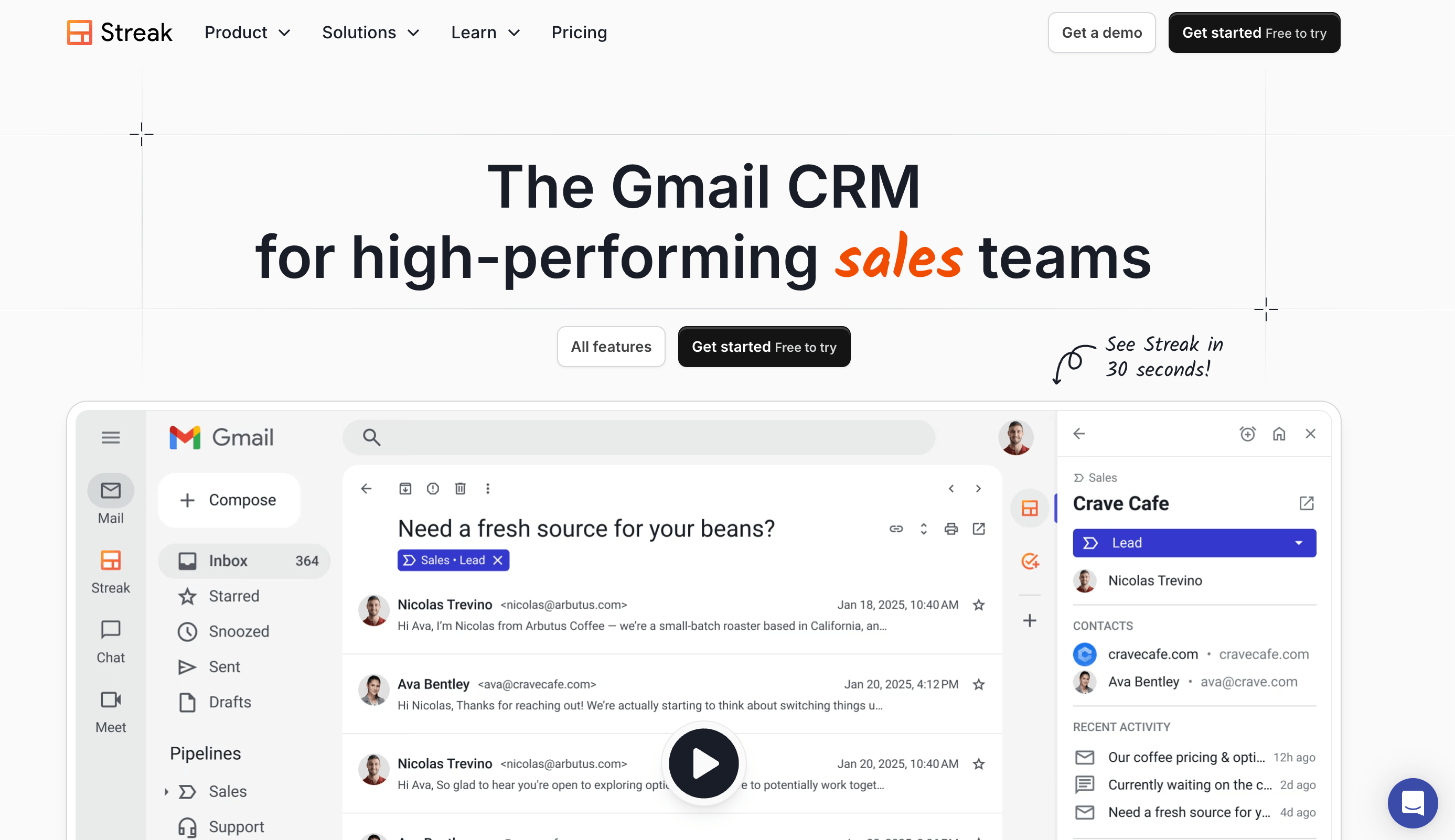 Streak's landing page