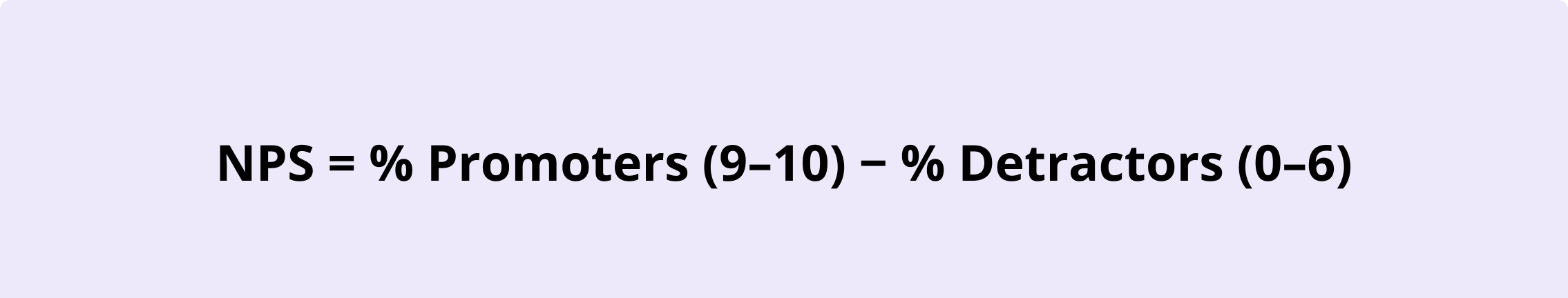 Graphic displaying the Net Promoter Score (NPS) formula: NPS = % Promoters (9–10) − % Detractors (0–6).
