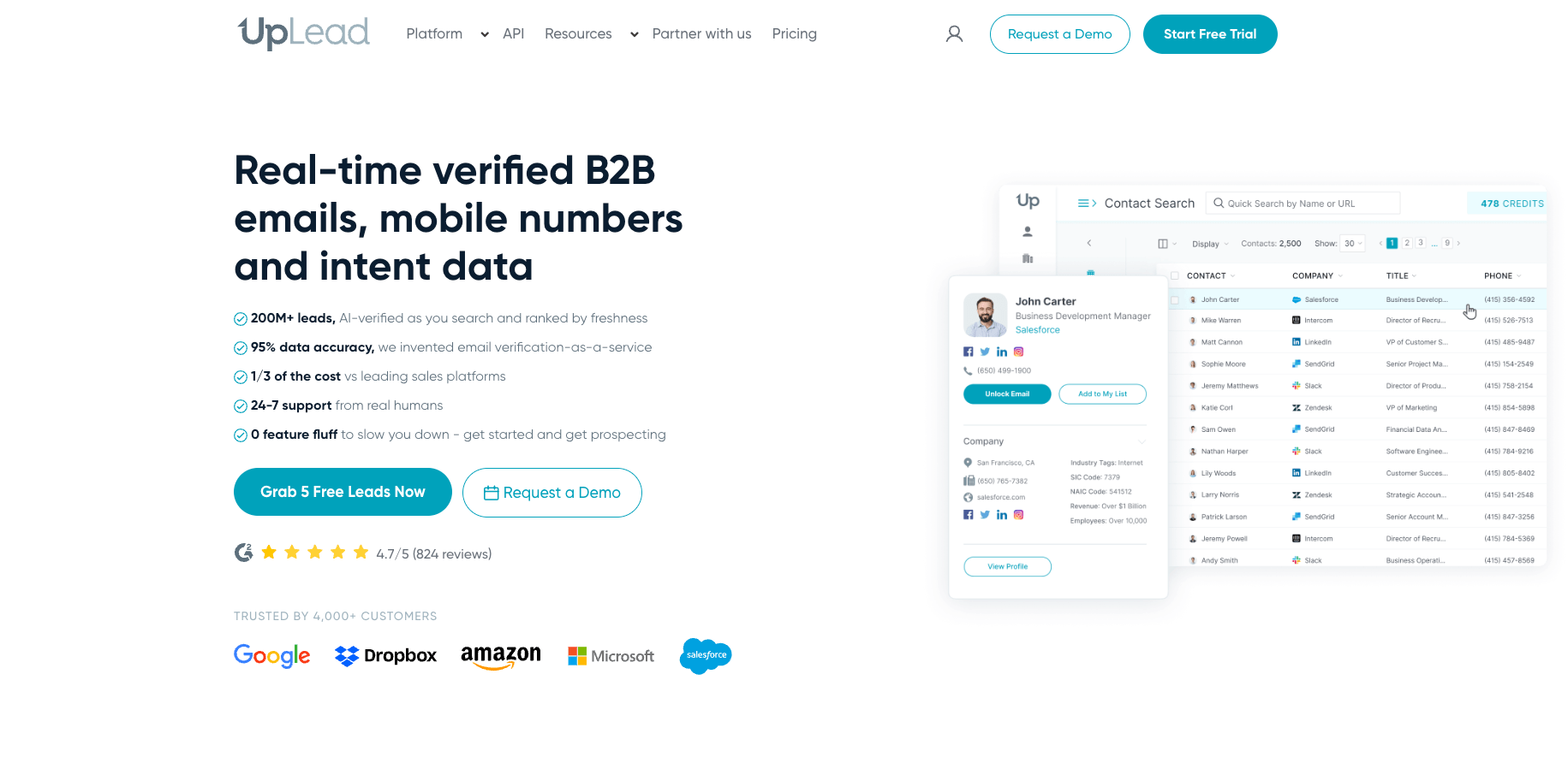 Uplead's landing page