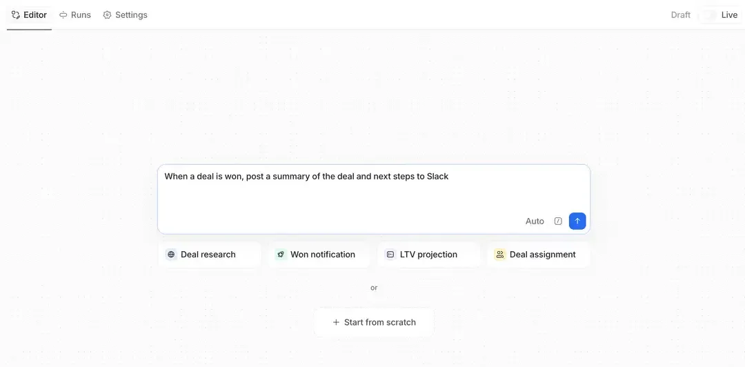 AI workflow editor showing an automated Slack notification for won deals with deal research, LTV projection, and deal assignment options