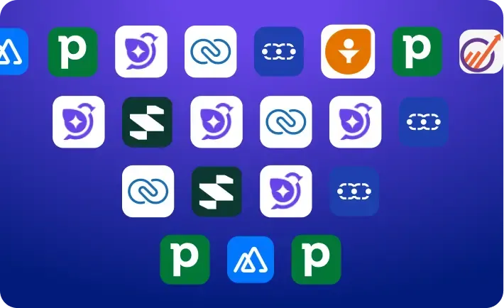 Illustration of multiple CRM and sales software app logos arranged in a grid on a blue-to-purple gradient background.