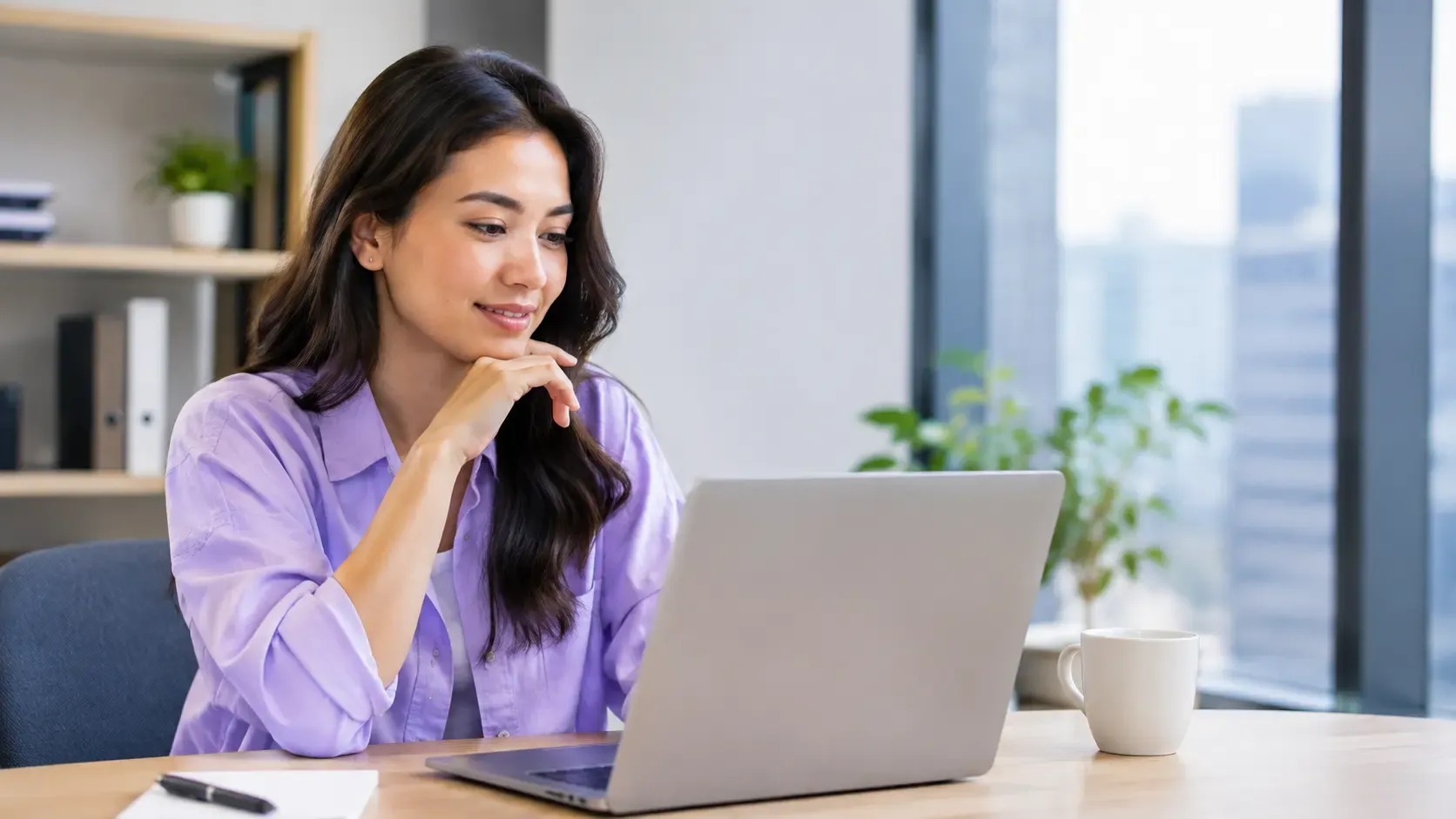 Woman in a modern office using a laptop, representing CRM software for Malaysian businesses.